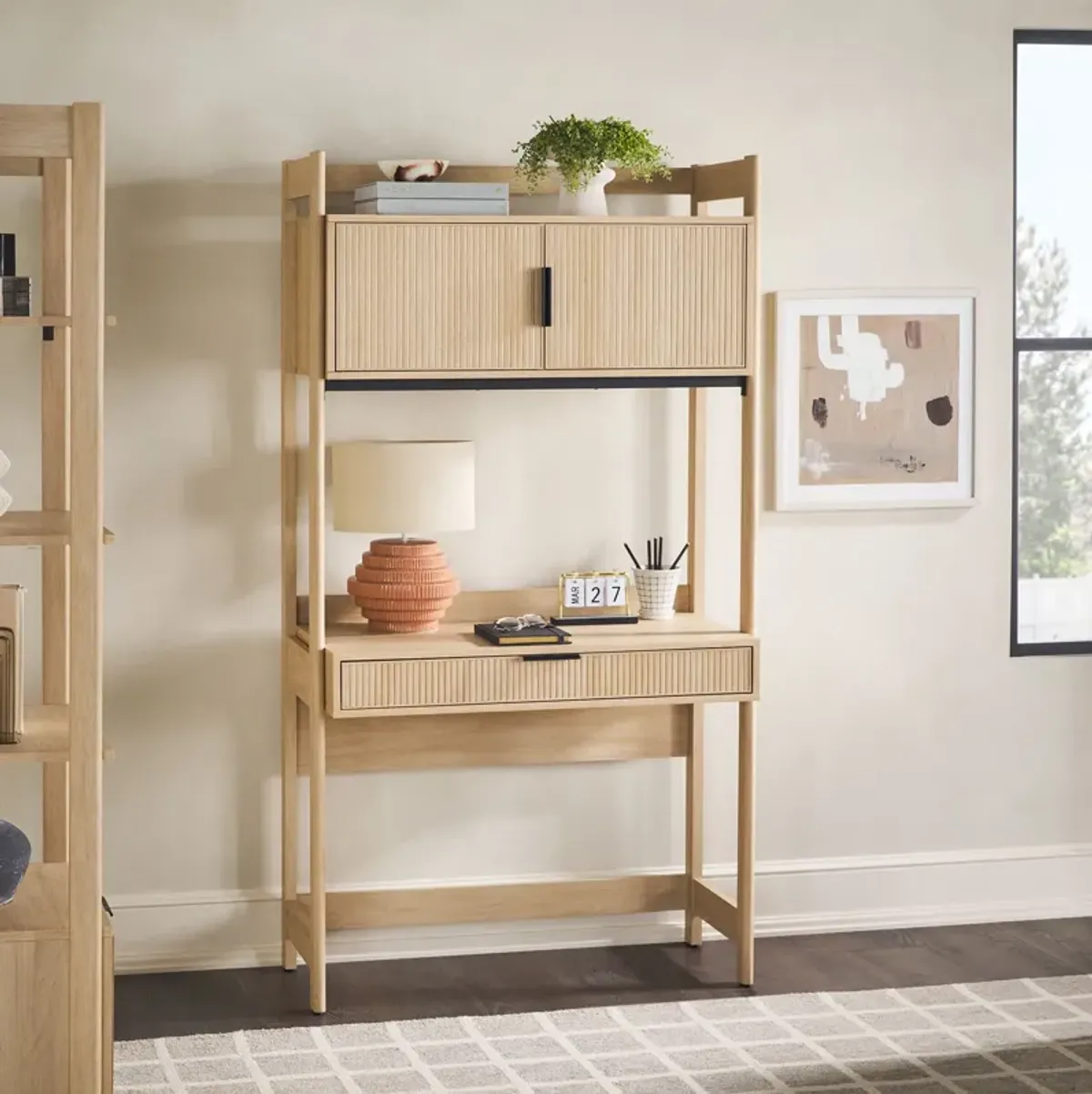 Transitional Reeded Desk With Hutch And Drawers Plus Tech Management