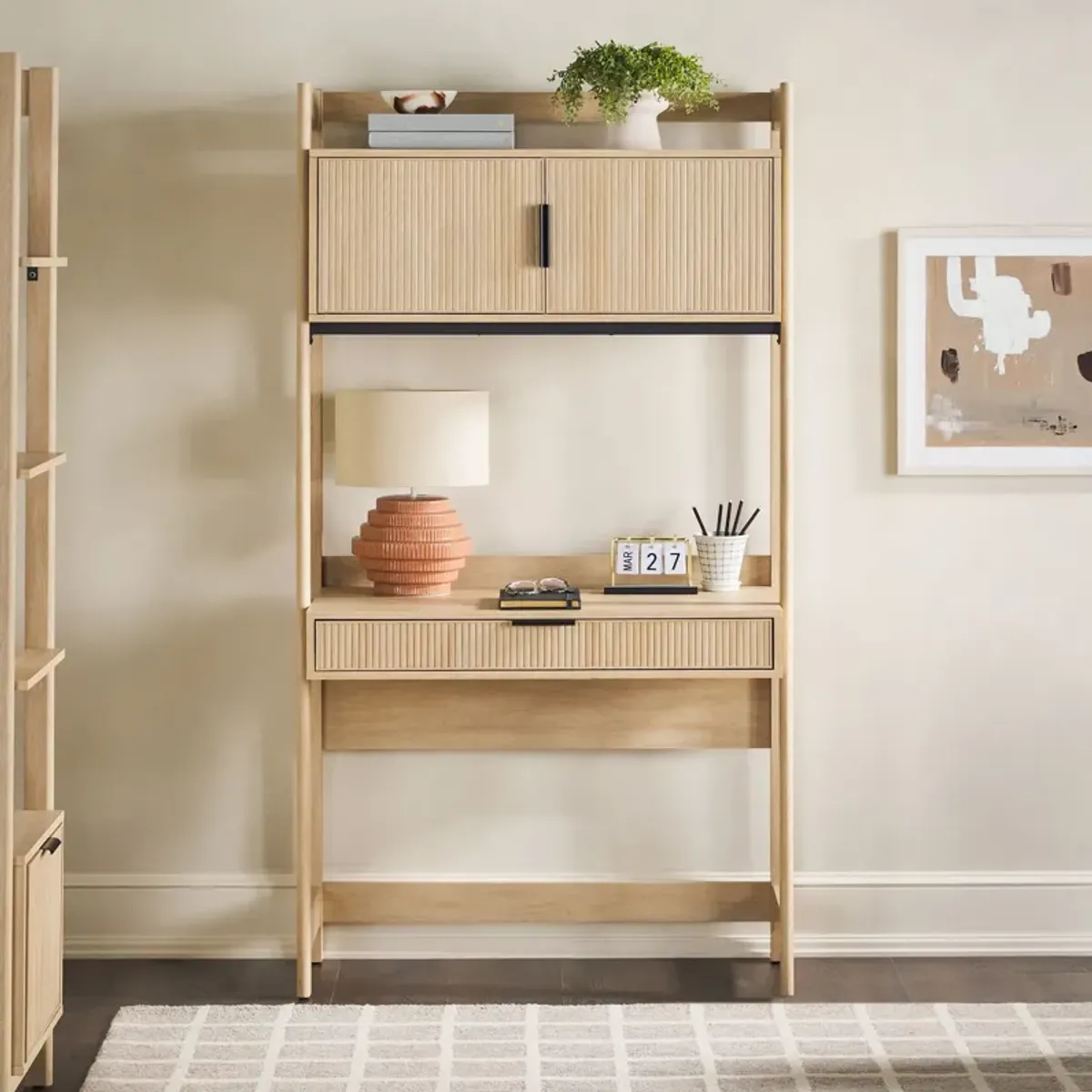 Transitional Reeded Desk With Hutch And Drawers Plus Tech Management