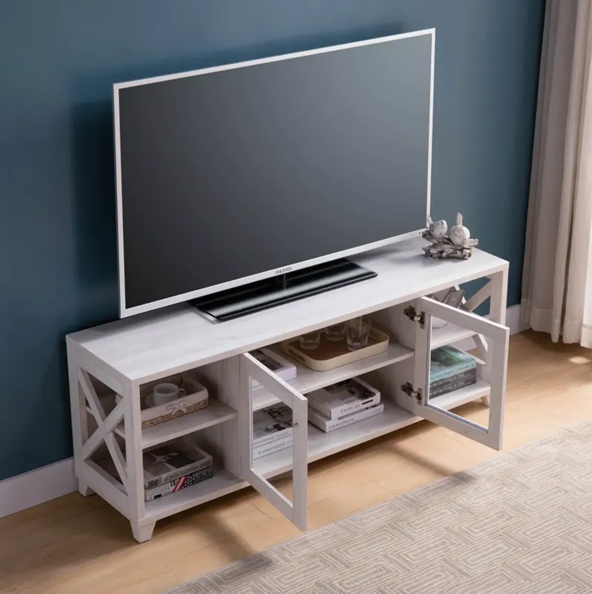 TV Stand With Four Side Shelves And Center Transparent Cabinet Craftsman Style Entertainment Center - White Oak