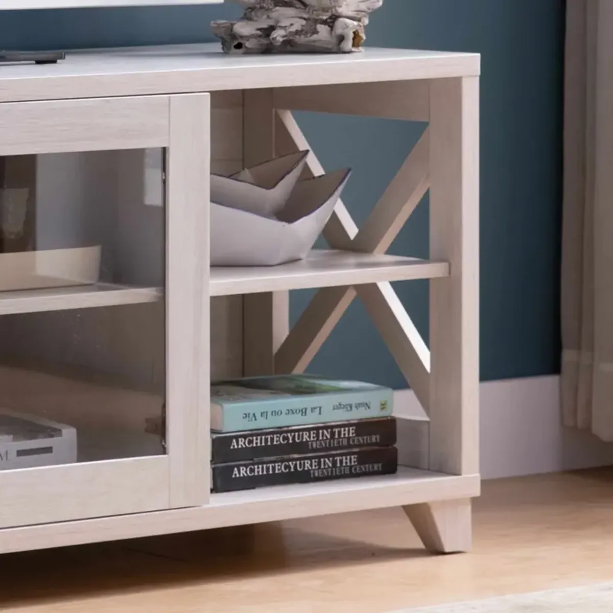 TV Stand With Four Side Shelves And Center Transparent Cabinet Craftsman Style Entertainment Center - White Oak