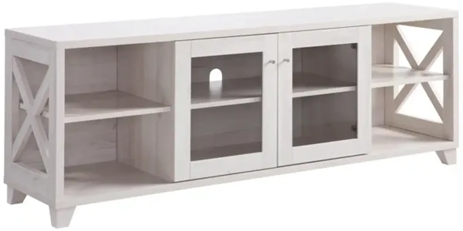 TV Stand With Four Side Shelves And Center Transparent Cabinet Craftsman Style Entertainment Center - White Oak