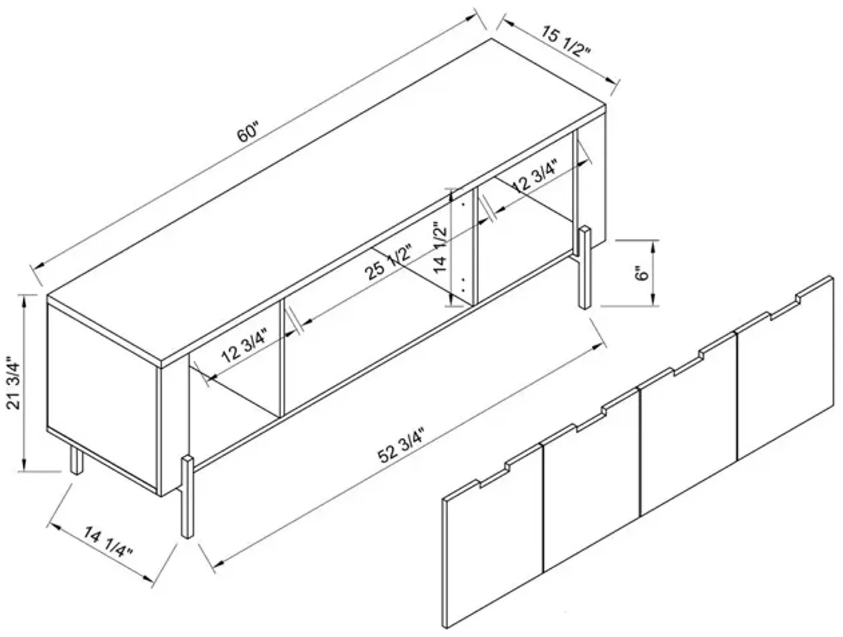 TV Stand With Metal Legs, Four Door Cabinets, And Euro Hinges Spacious Three Cabinet Storage - White / Distressed Gray