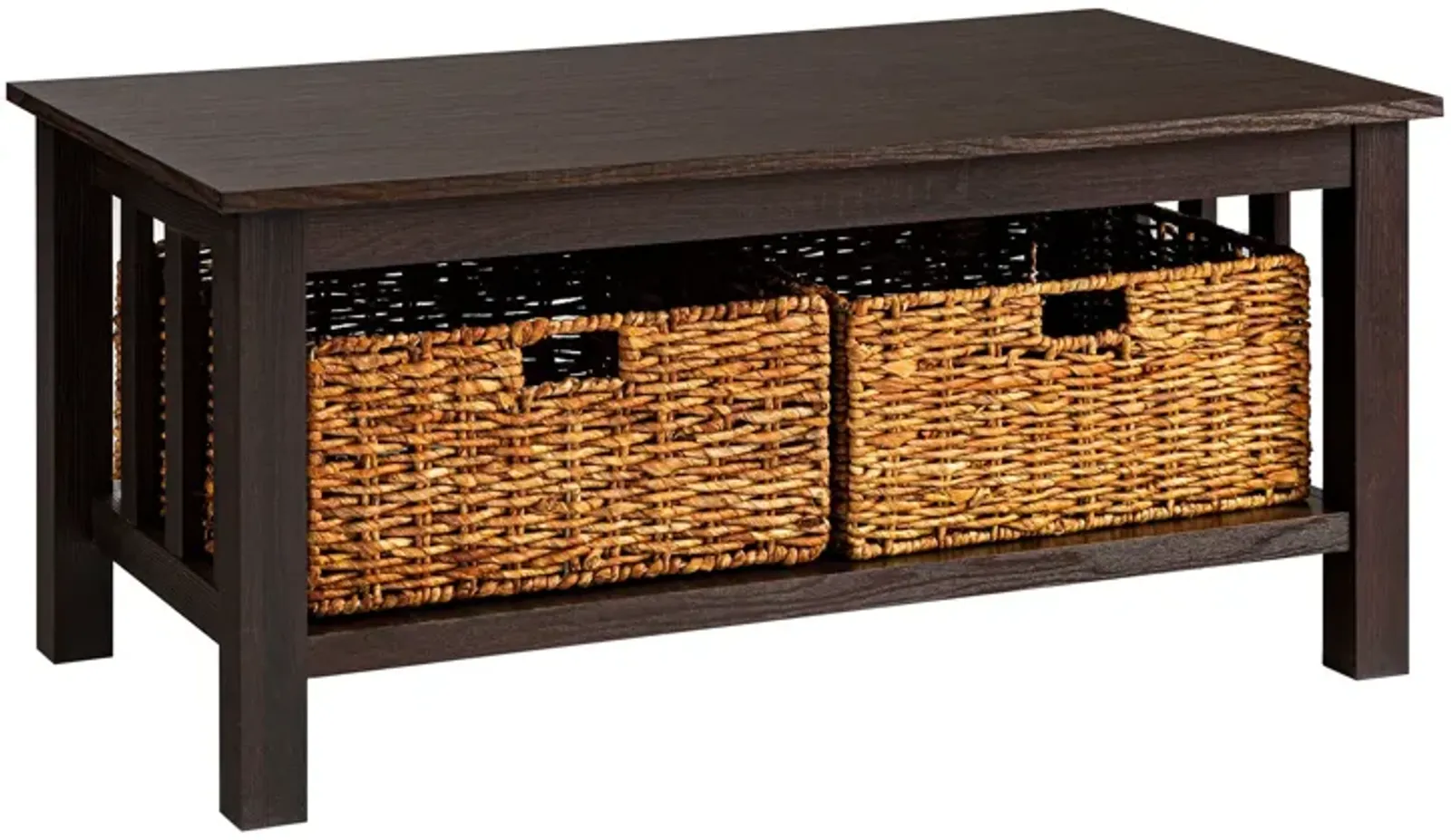 Coastal Coffee Table With Lower Shelf And Faux Rattan Baskets - Espresso