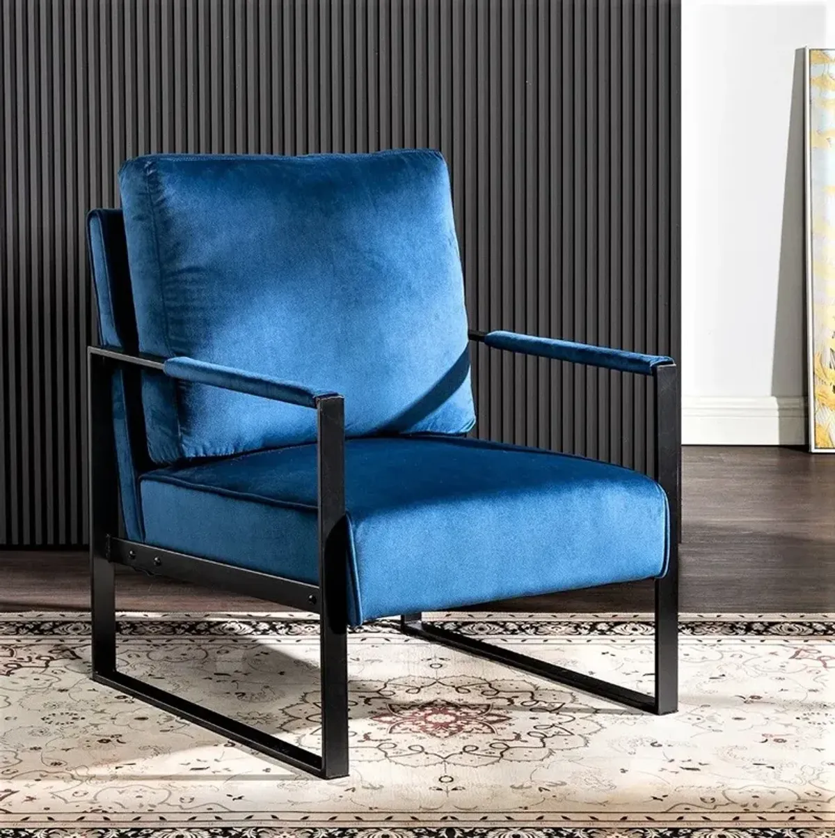 Classic Mid Century Modern Accent Chair With Durable Square Metal Frame, Armchair