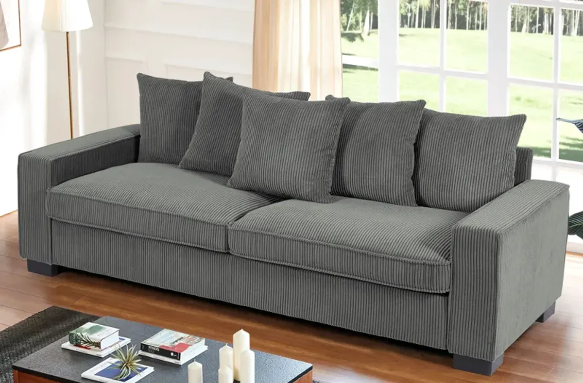 Luxe Corduroy Sofa With 5 Matching Toss Pillows, Sleek Design, Spacious And Comfortable 3 Seater Couch