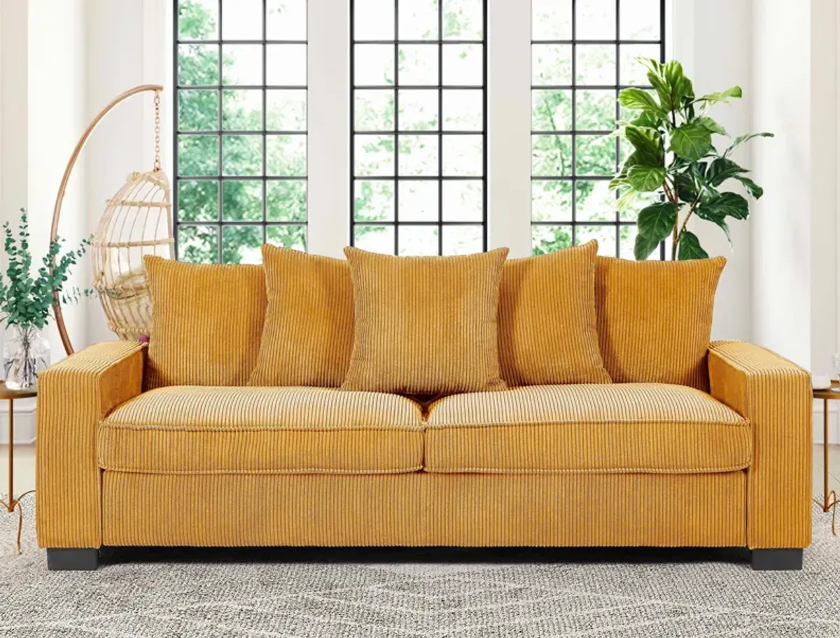 Luxe Corduroy Sofa With 5 Matching Toss Pillows, Sleek Design, Spacious And Comfortable 3 Seater Couch