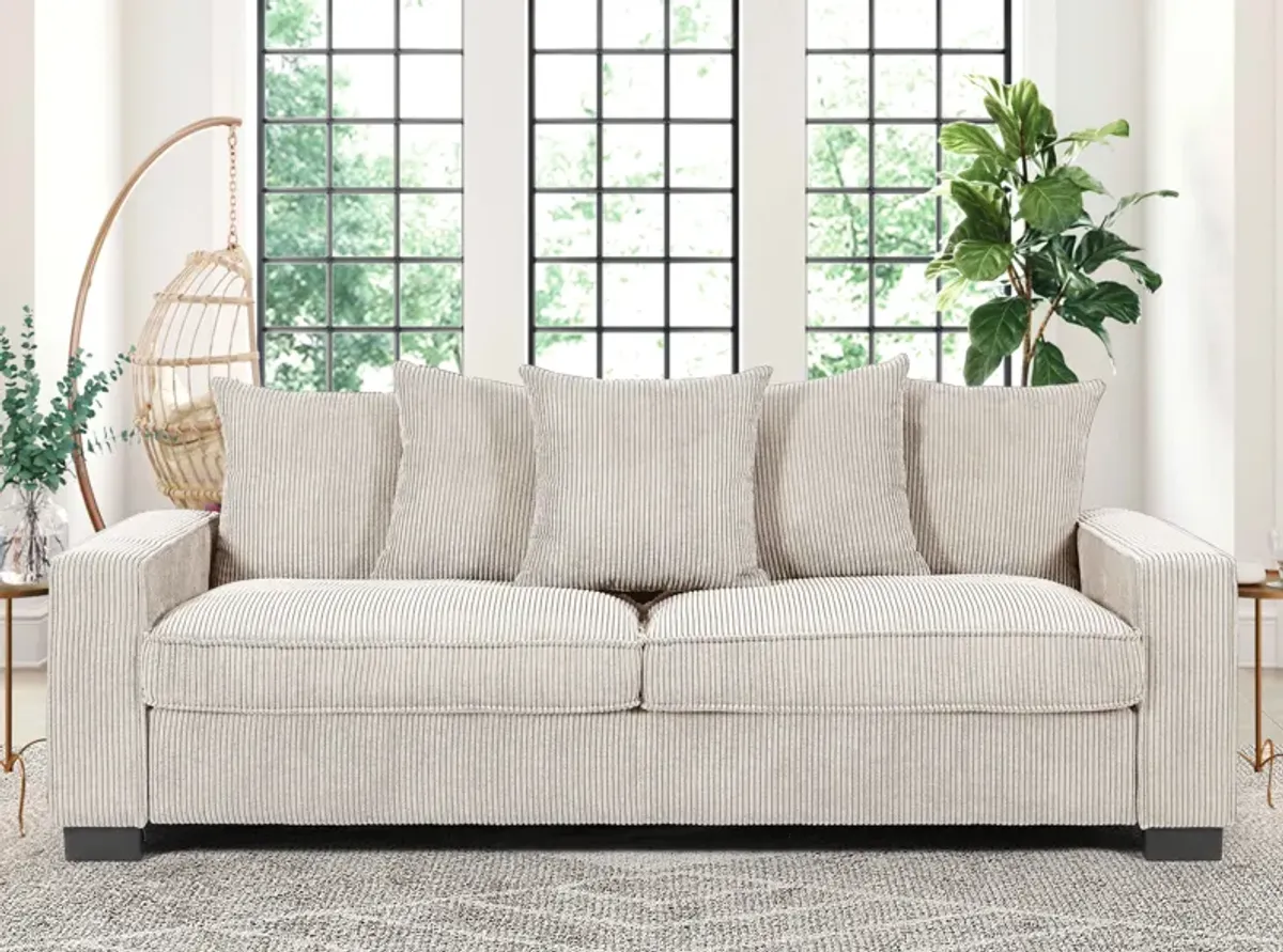 Luxe Corduroy Sofa With 5 Matching Toss Pillows, Sleek Design, Spacious And Comfortable 3 Seater Couch