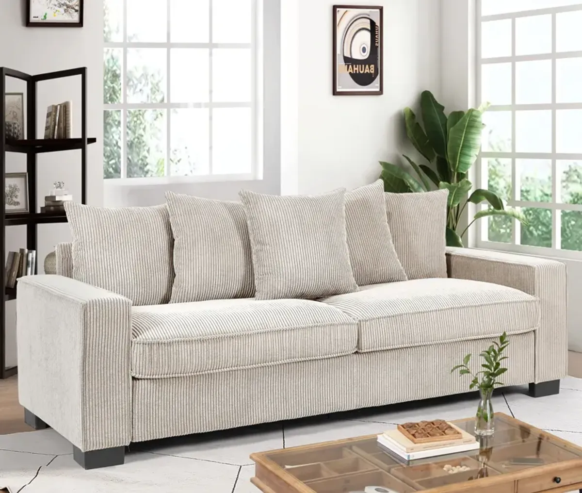 Luxe Corduroy Sofa With 5 Matching Toss Pillows, Sleek Design, Spacious And Comfortable 3 Seater Couch