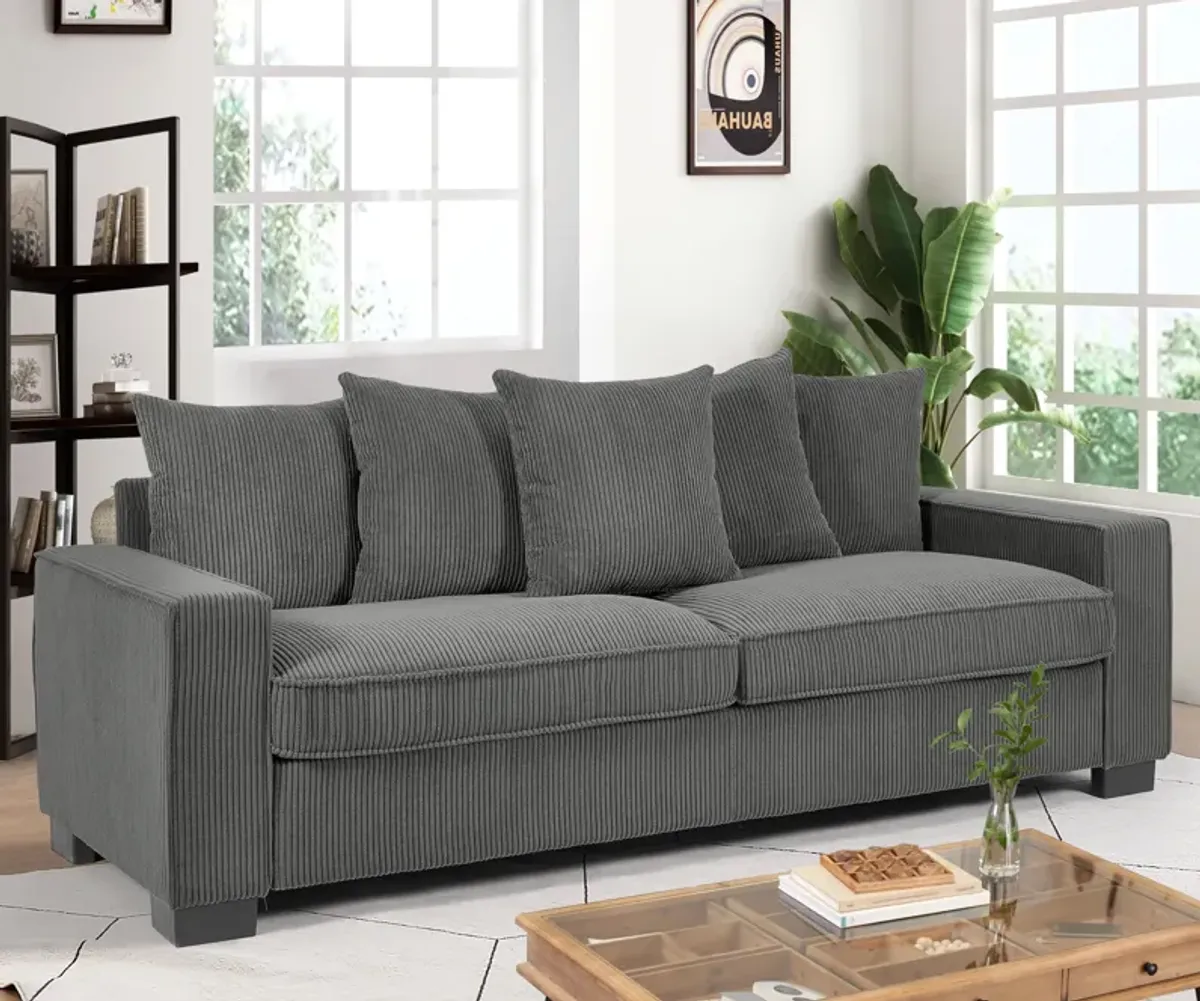 Luxe Corduroy Sofa With 5 Matching Toss Pillows, Sleek Design, Spacious And Comfortable 3 Seater Couch