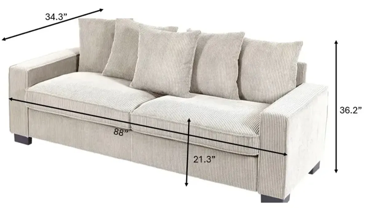 Luxe Corduroy Sofa With 5 Matching Toss Pillows, Sleek Design, Spacious And Comfortable 3 Seater Couch