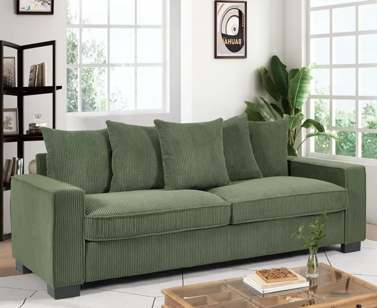 Luxe Corduroy Sofa With 5 Matching Toss Pillows, Sleek Design, Spacious And Comfortable 3 Seater Couch