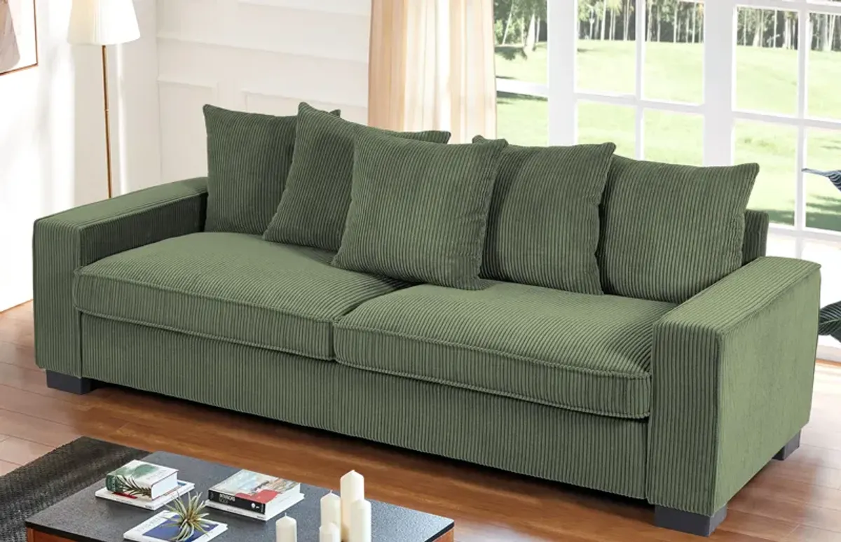 Luxe Corduroy Sofa With 5 Matching Toss Pillows, Sleek Design, Spacious And Comfortable 3 Seater Couch