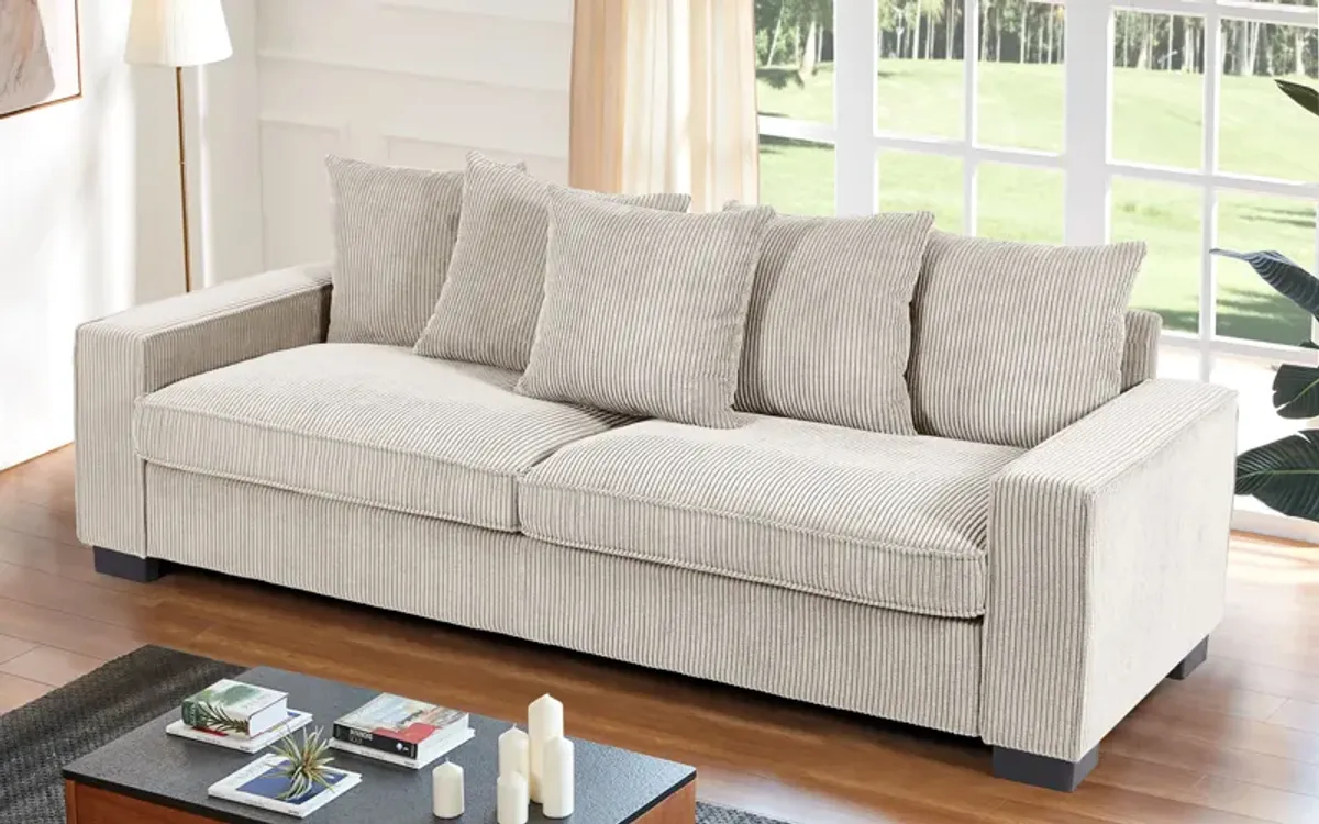 Luxe Corduroy Sofa With 5 Matching Toss Pillows, Sleek Design, Spacious And Comfortable 3 Seater Couch