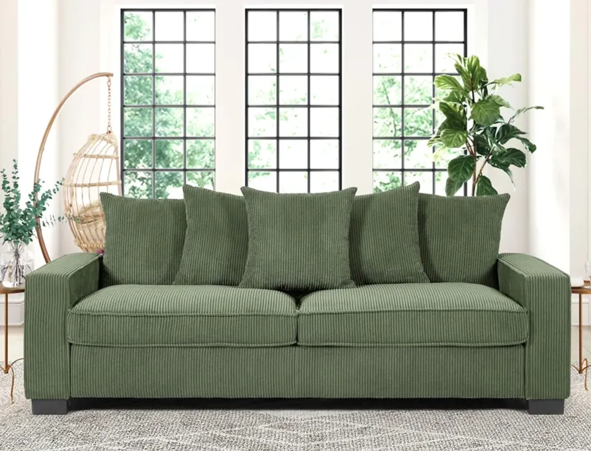 Luxe Corduroy Sofa With 5 Matching Toss Pillows, Sleek Design, Spacious And Comfortable 3 Seater Couch