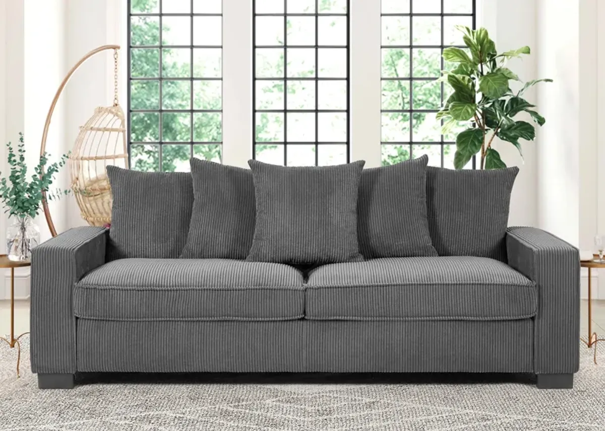 Luxe Corduroy Sofa With 5 Matching Toss Pillows, Sleek Design, Spacious And Comfortable 3 Seater Couch