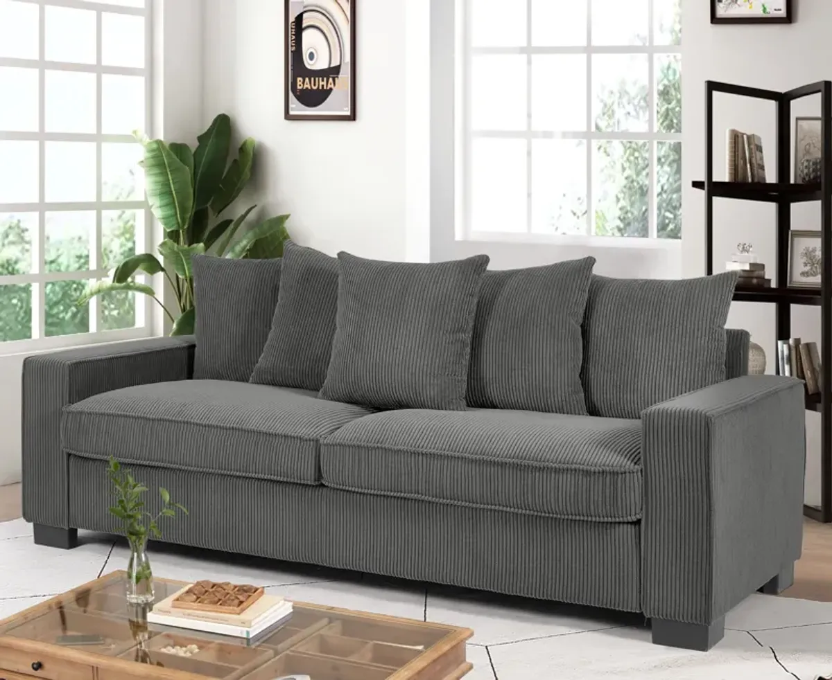 Luxe Corduroy Sofa With 5 Matching Toss Pillows, Sleek Design, Spacious And Comfortable 3 Seater Couch