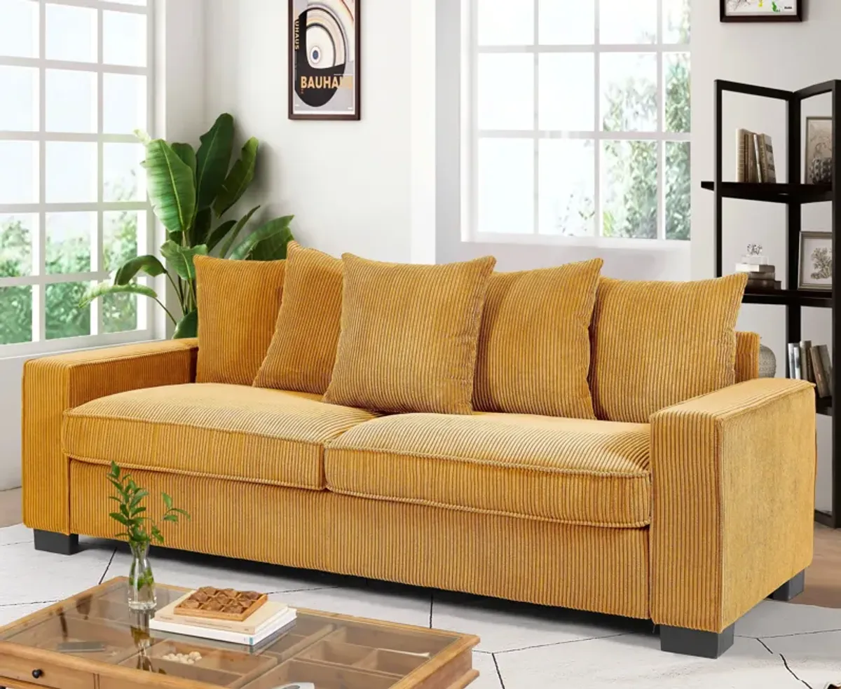 Luxe Corduroy Sofa With 5 Matching Toss Pillows, Sleek Design, Spacious And Comfortable 3 Seater Couch