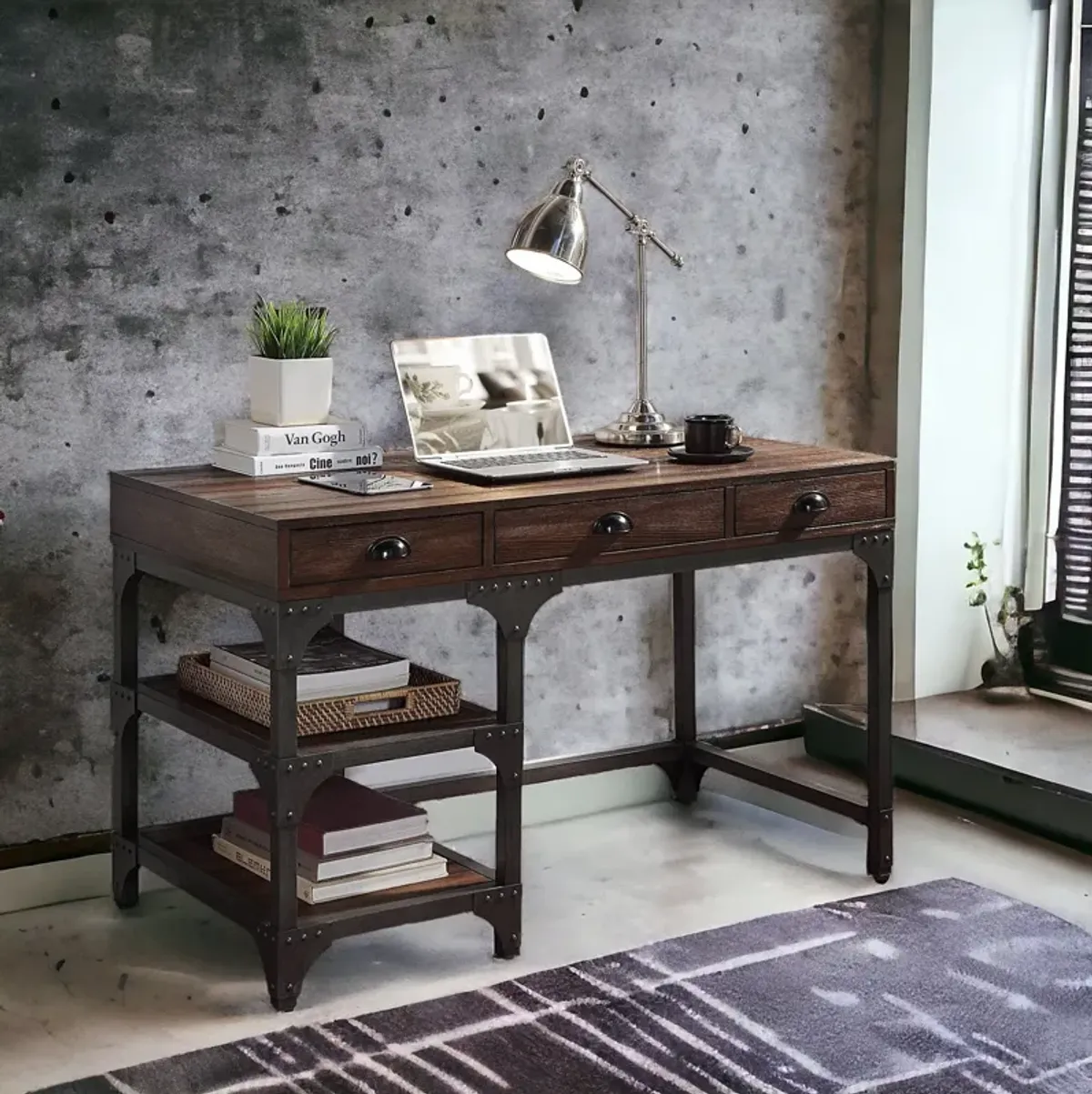 Antique Metal Writing Desk - Espresso / Oak