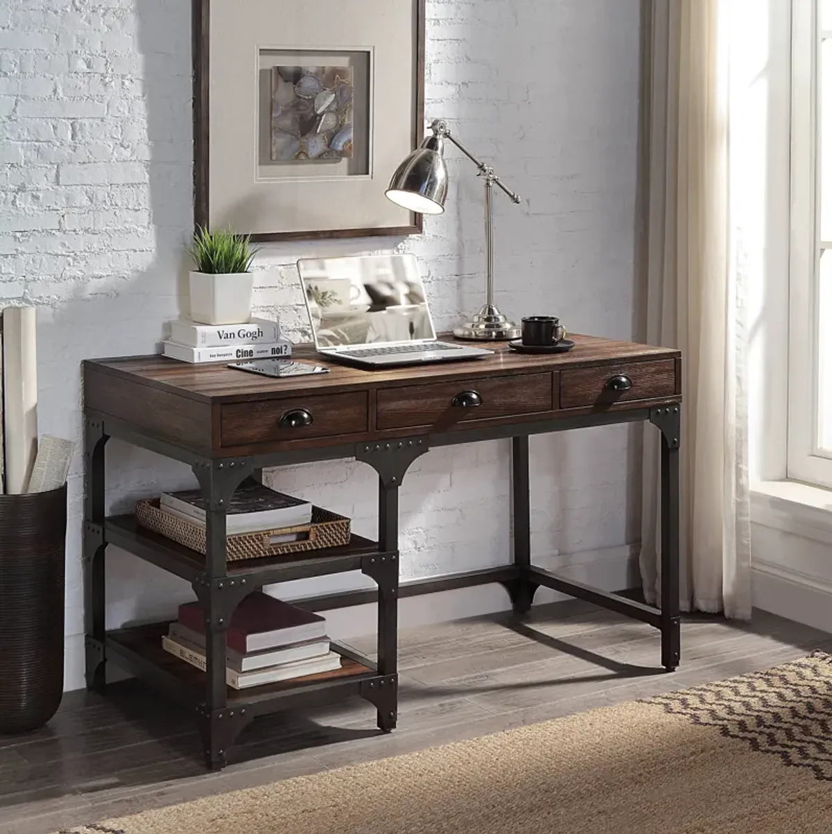 Antique Metal Writing Desk - Espresso / Oak