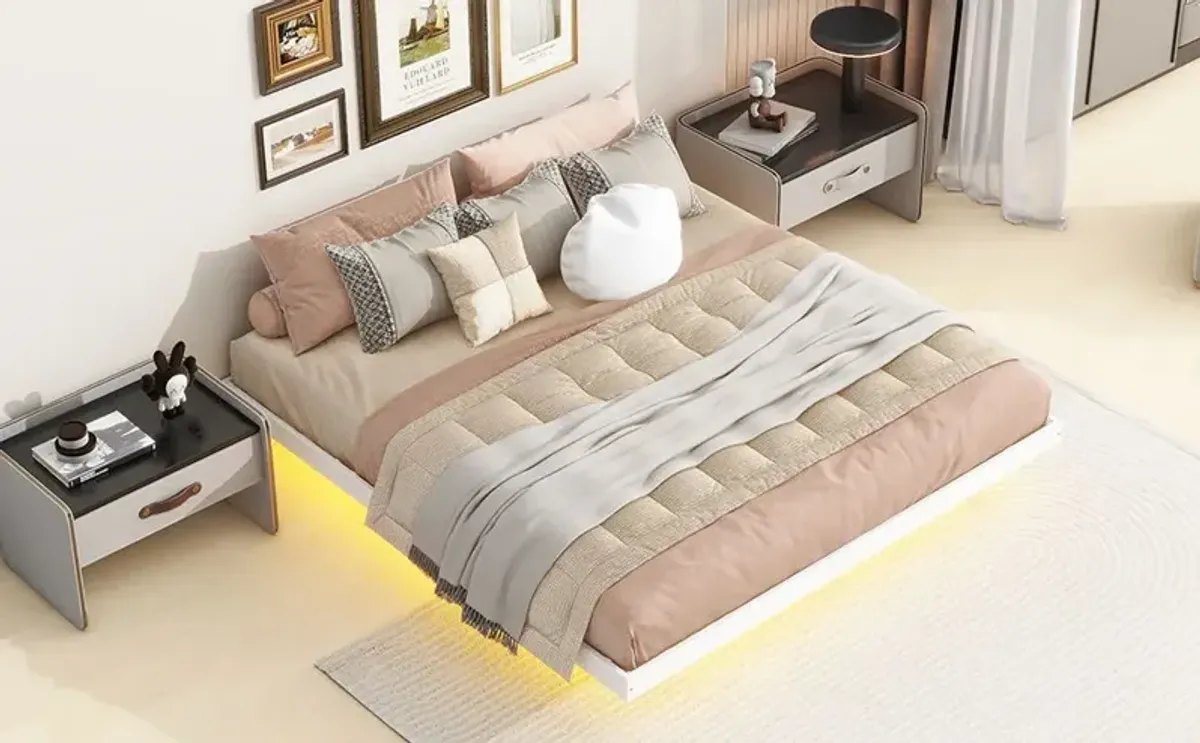 Floating Bed With Led Lights Underneath, Modern Queen Size Low Profile Platform Bed With Led Lights