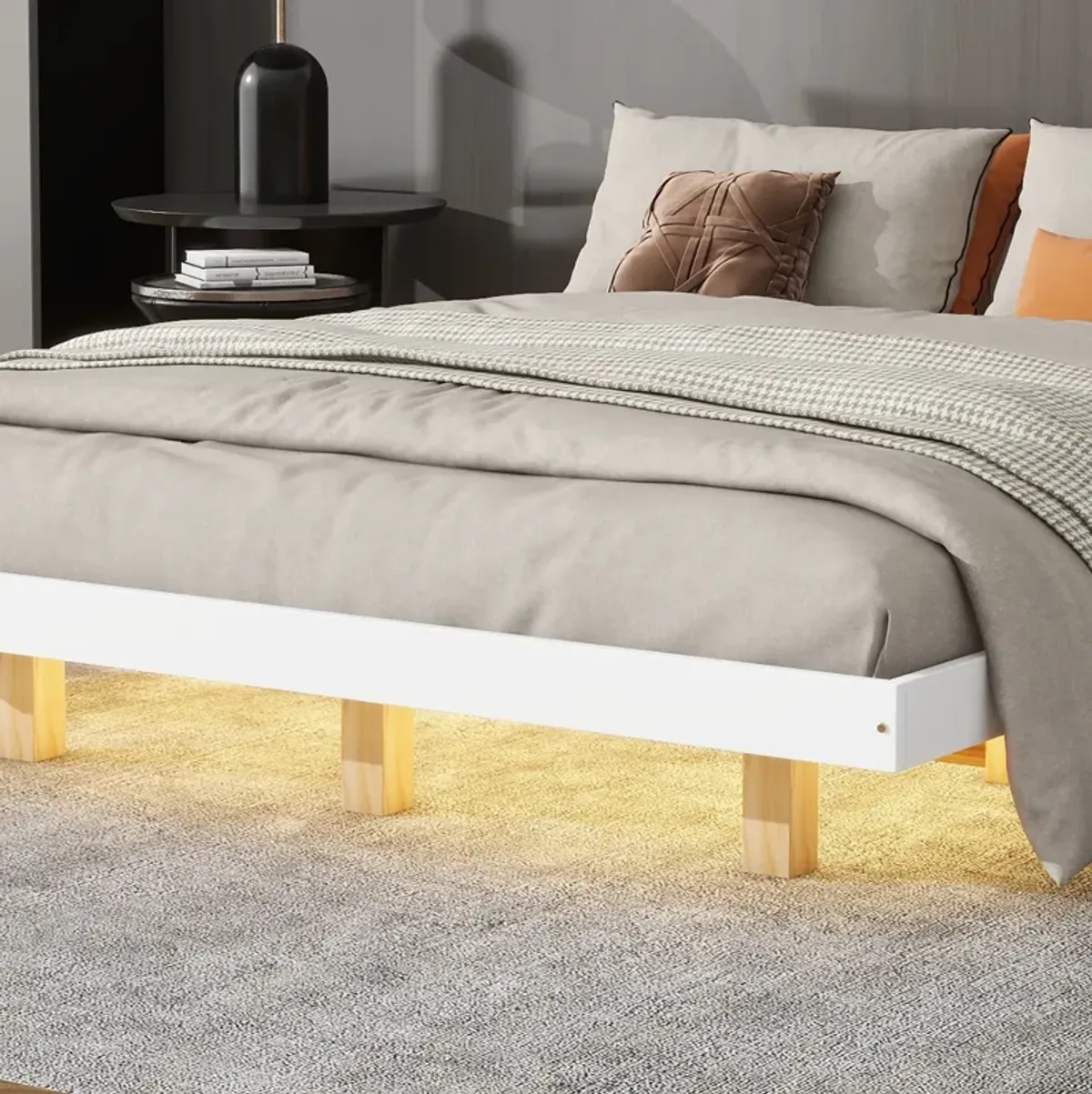 Floating Bed With Led Lights Underneath, Modern Queen Size Low Profile Platform Bed With Led Lights