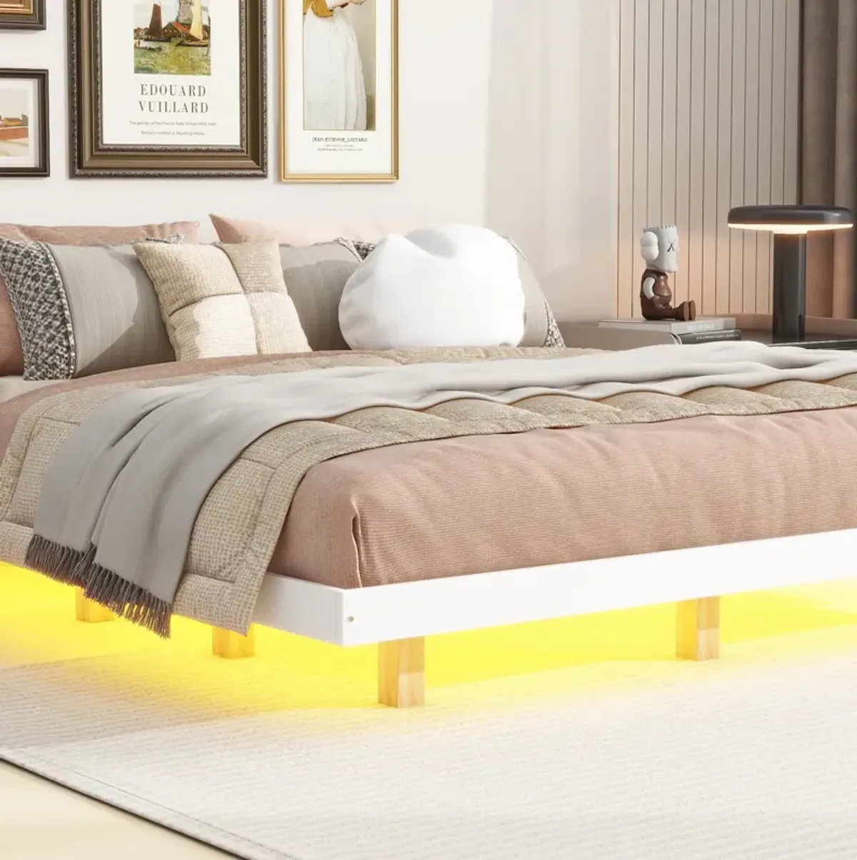 Floating Bed With Led Lights Underneath, Modern Queen Size Low Profile Platform Bed With Led Lights