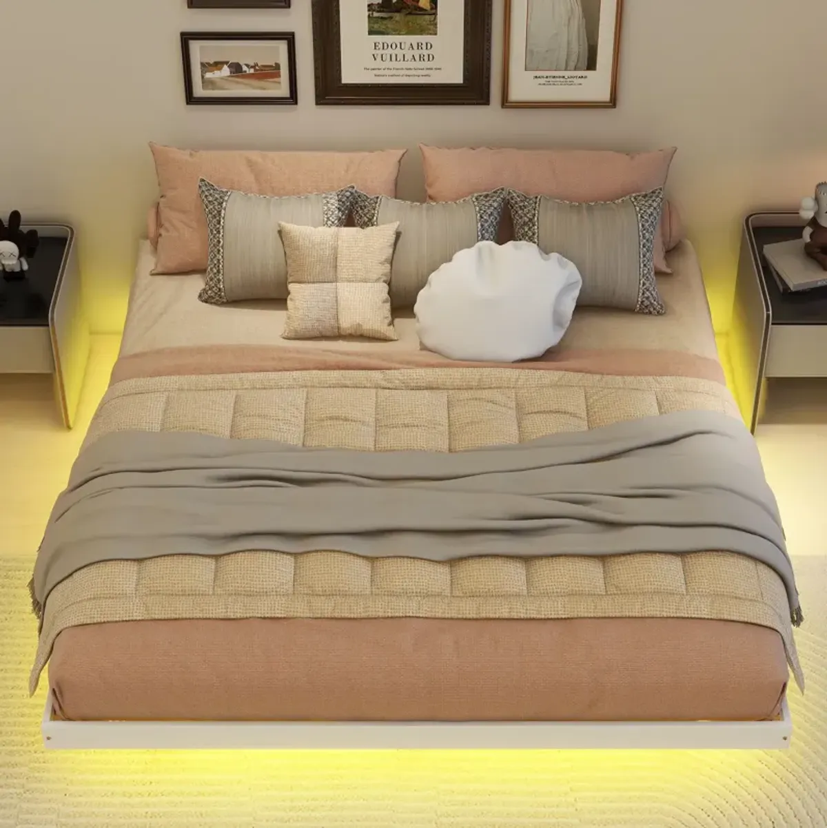 Floating Bed With Led Lights Underneath, Modern Queen Size Low Profile Platform Bed With Led Lights