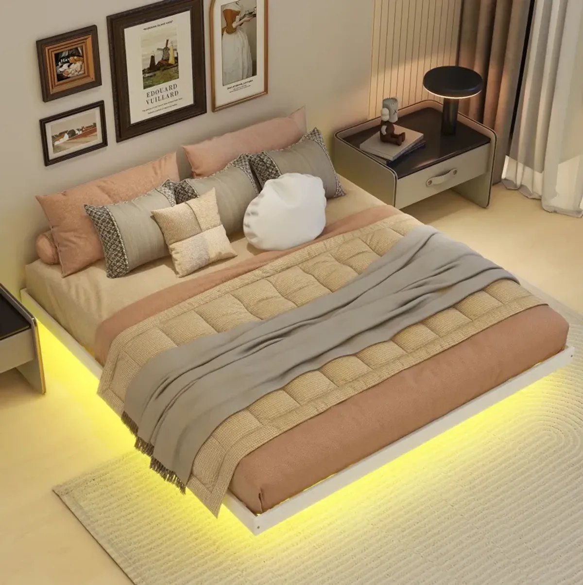 Floating Bed With Led Lights Underneath, Modern Queen Size Low Profile Platform Bed With Led Lights