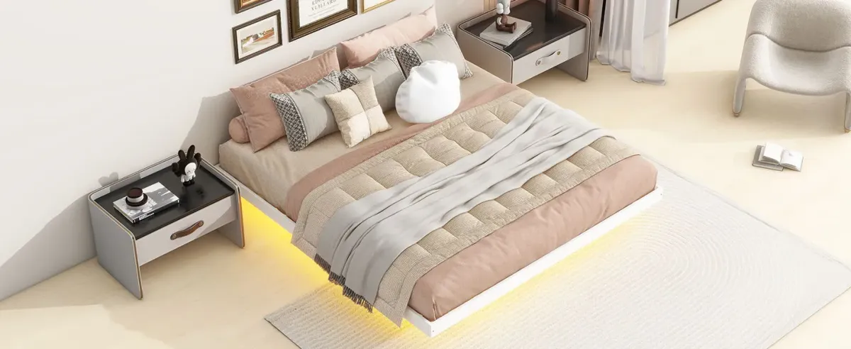 Floating Bed With Led Lights Underneath, Modern Queen Size Low Profile Platform Bed With Led Lights