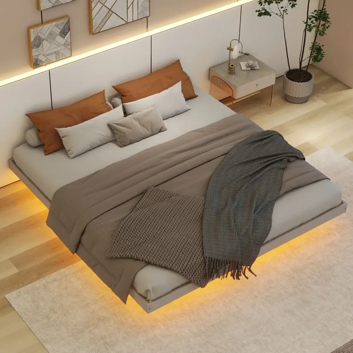 Floating Bed With Led Lights Underneath, Modern Queen Size Low Profile Platform Bed With Led Lights