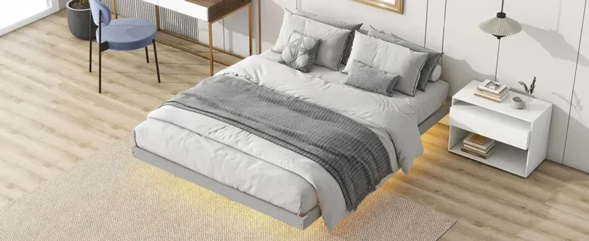 Floating Bed With Led Lights Underneath, Modern Queen Size Low Profile Platform Bed With Led Lights