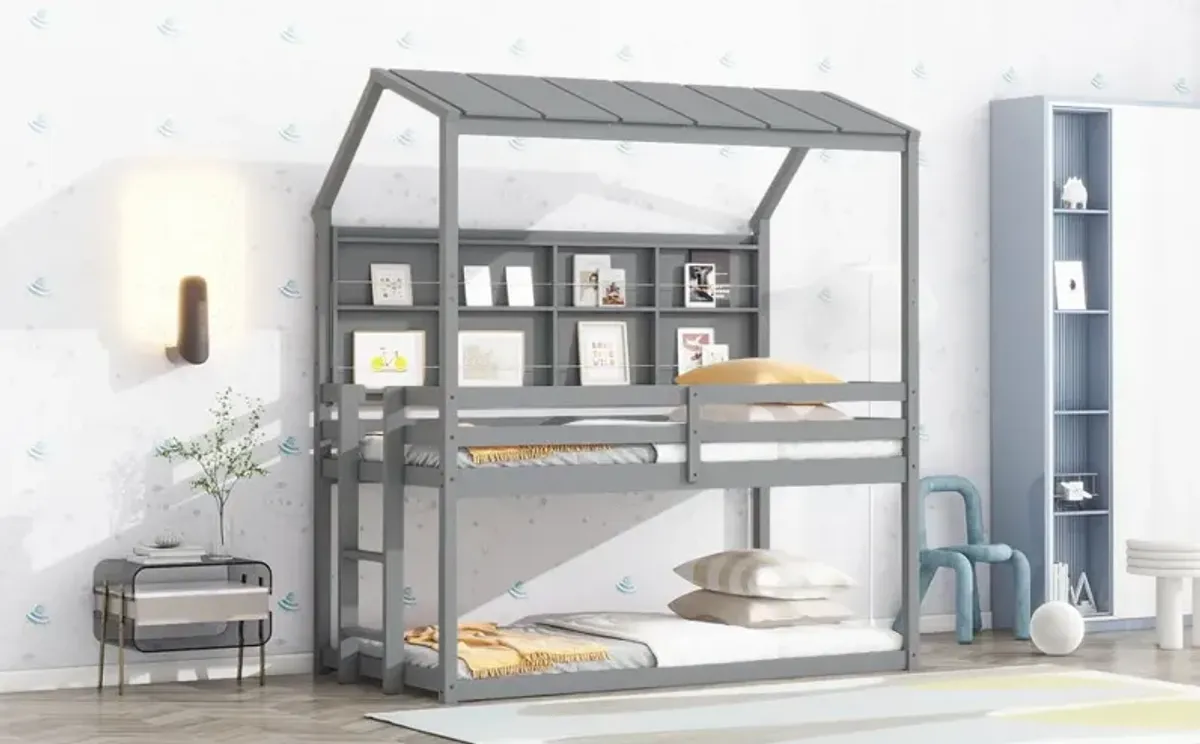 House Loft Bed With Guardrails, Semi-Enclosed Roof, Bedside Shelves And Ladder