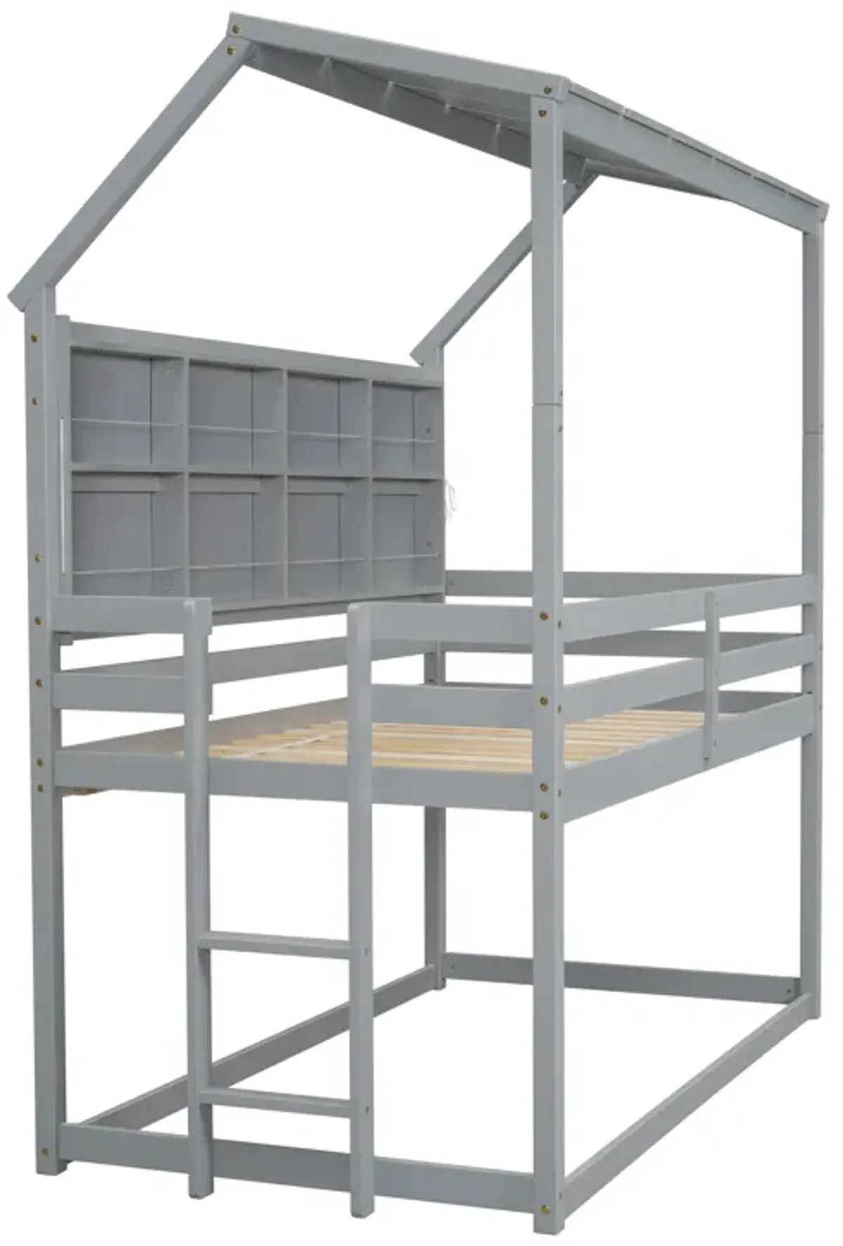 House Loft Bed With Guardrails, Semi-Enclosed Roof, Bedside Shelves And Ladder