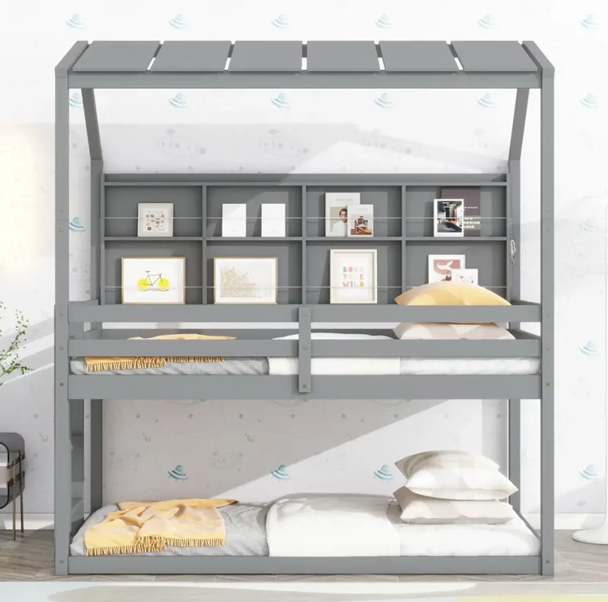 House Loft Bed With Guardrails, Semi-Enclosed Roof, Bedside Shelves And Ladder