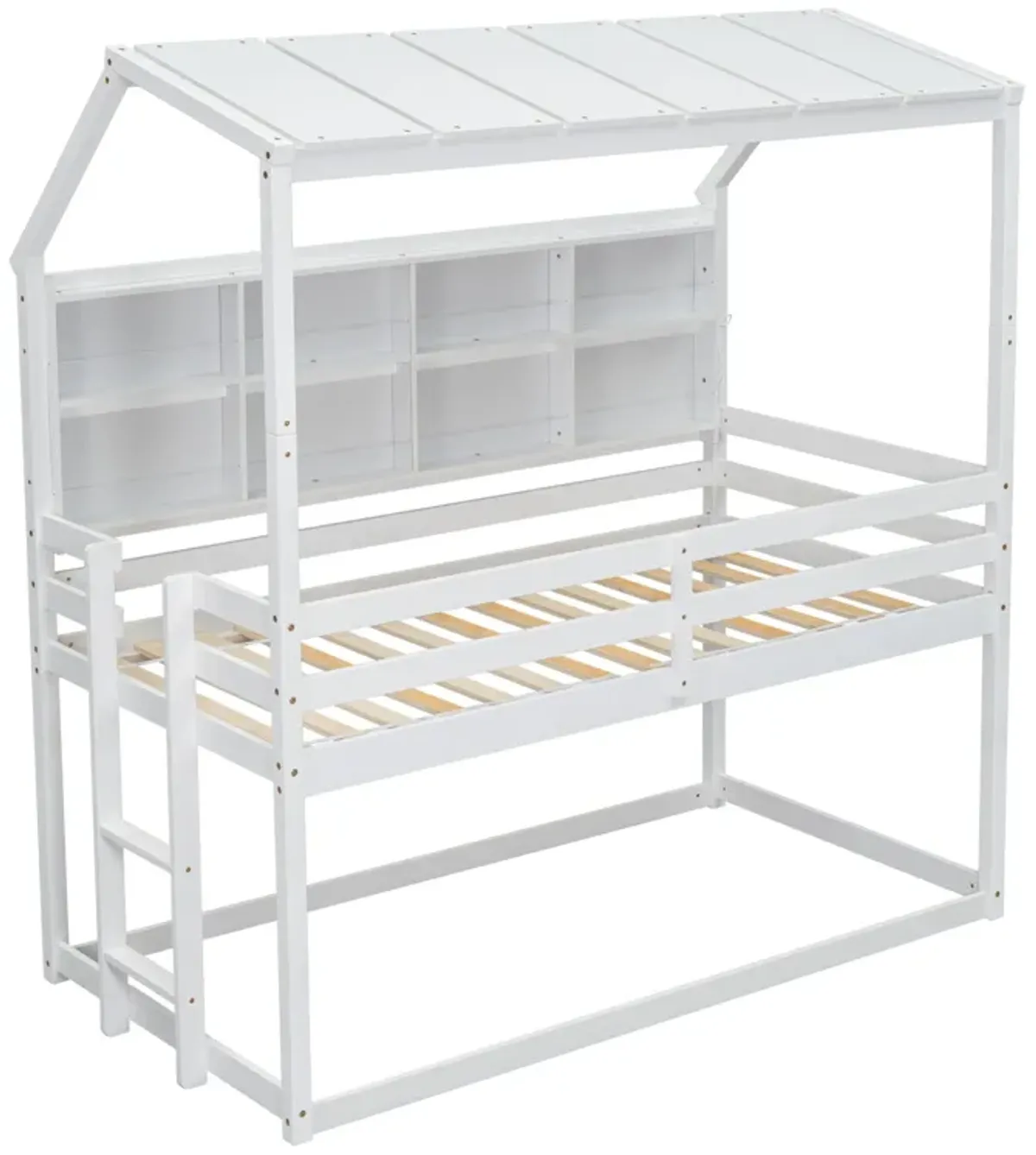 House Loft Bed With Guardrails, Semi-Enclosed Roof, Bedside Shelves And Ladder