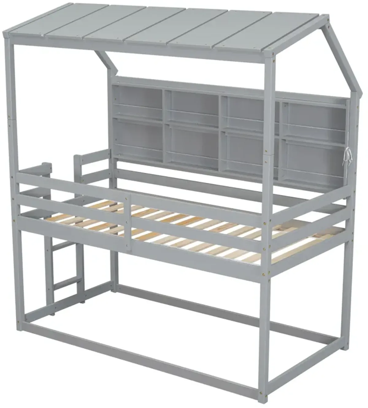 House Loft Bed With Guardrails, Semi-Enclosed Roof, Bedside Shelves And Ladder