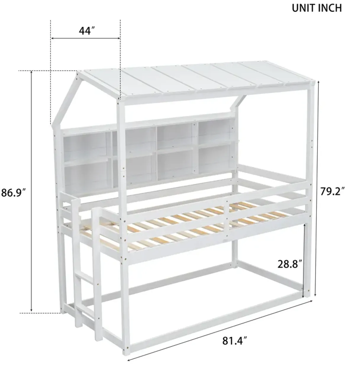 House Loft Bed With Guardrails, Semi-Enclosed Roof, Bedside Shelves And Ladder