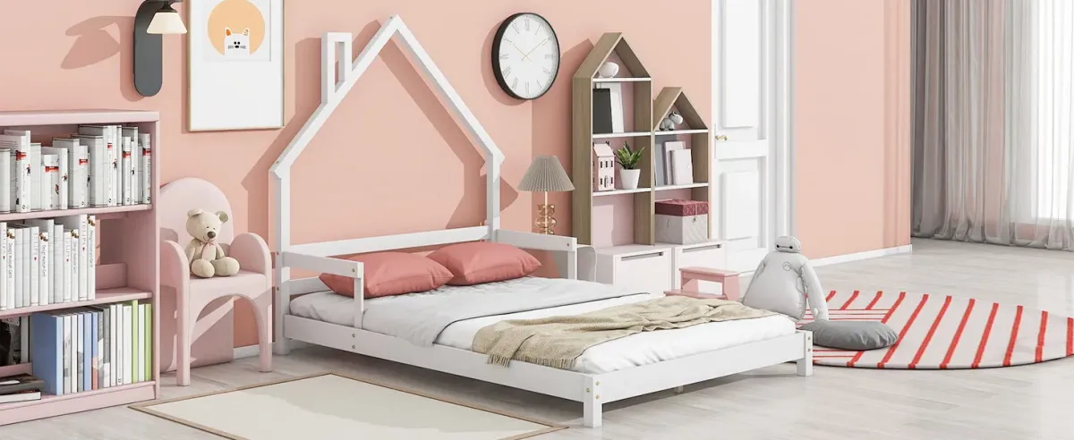 House-Shaped Headboard Bed With Handrails, Slats