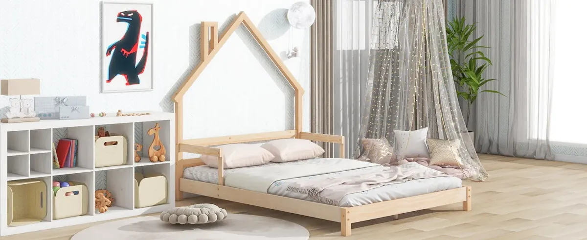 House-Shaped Headboard Bed With Handrails, Slats