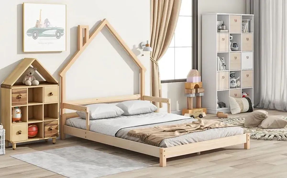 House-Shaped Headboard Bed With Handrails, Slats