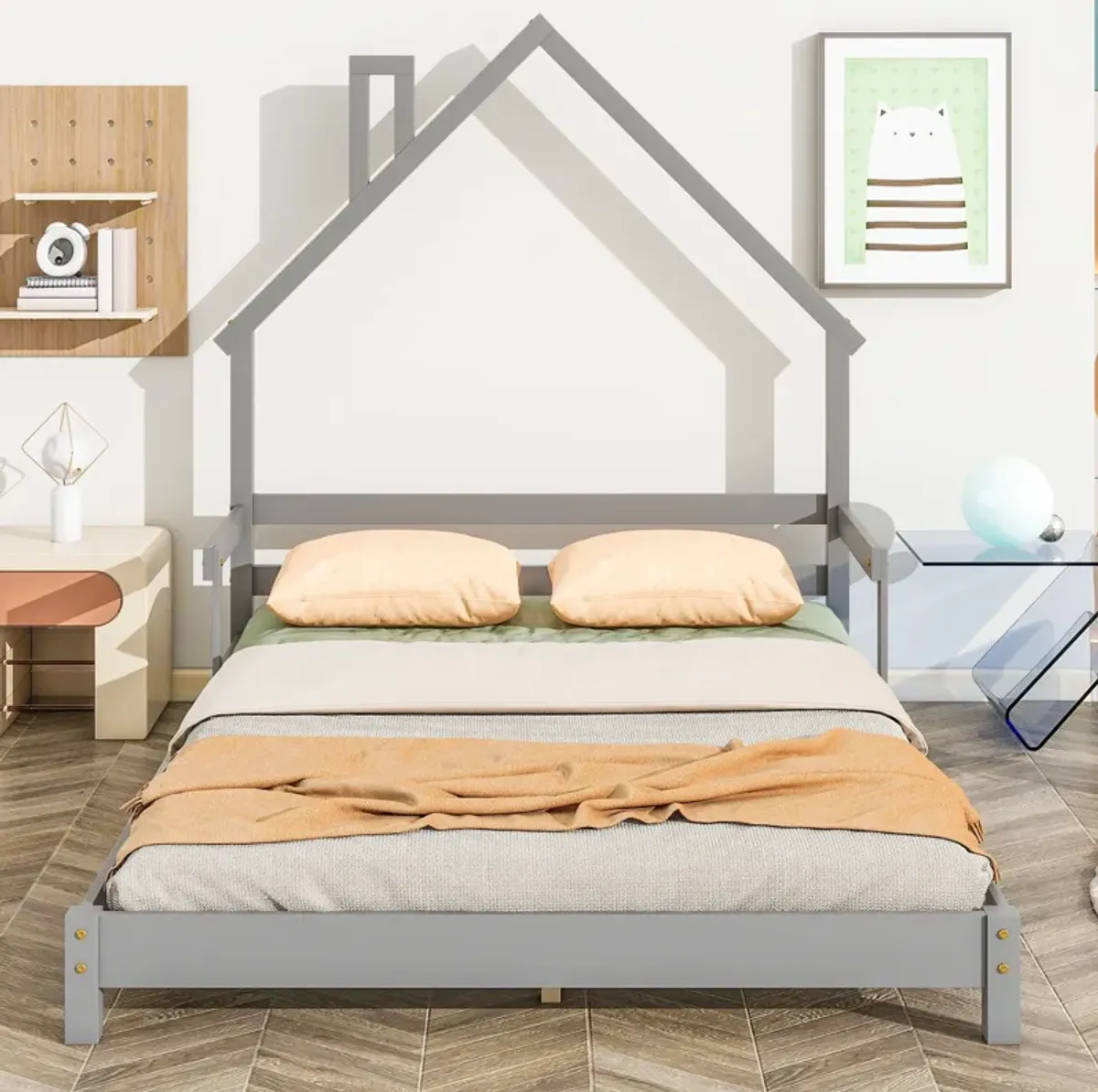 House-Shaped Headboard Bed With Handrails, Slats