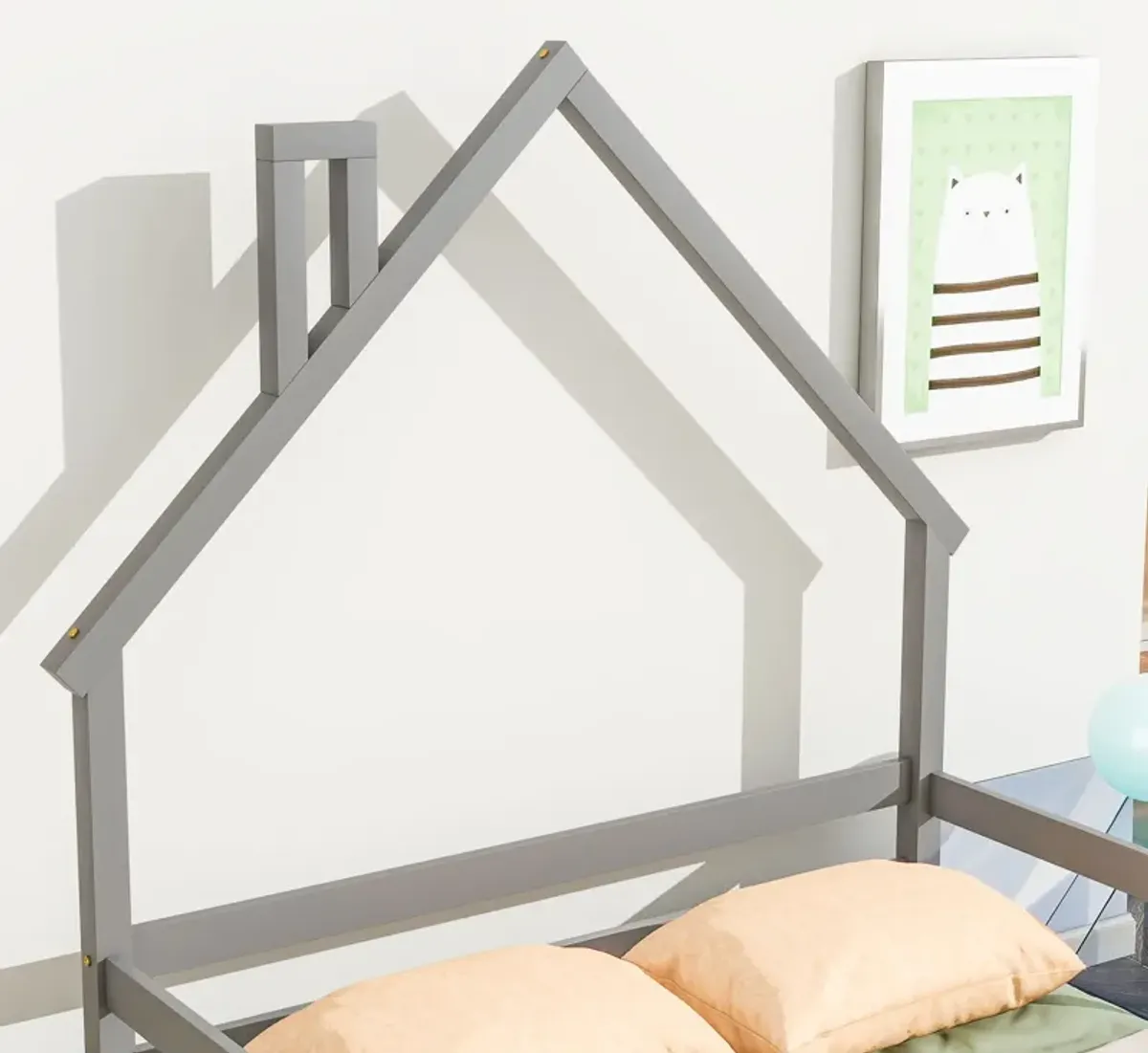 House-Shaped Headboard Bed With Handrails, Slats