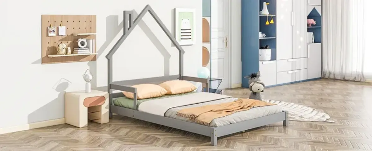 House-Shaped Headboard Bed With Handrails, Slats