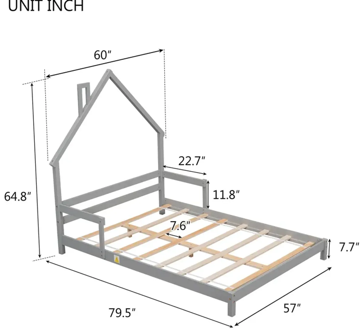 House-Shaped Headboard Bed With Handrails, Slats