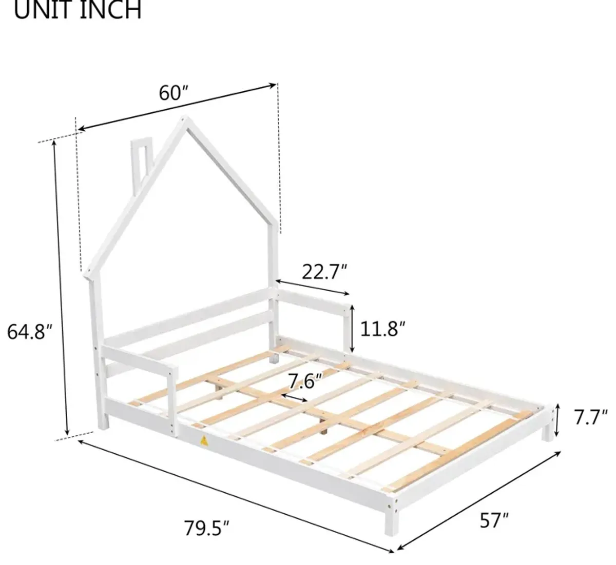 House-Shaped Headboard Bed With Handrails, Slats