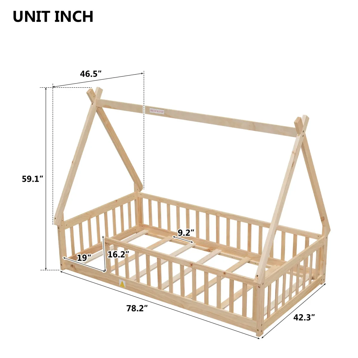 Tent-Shaped Floor Bed, Teepee Bed With Guardrails, Slats