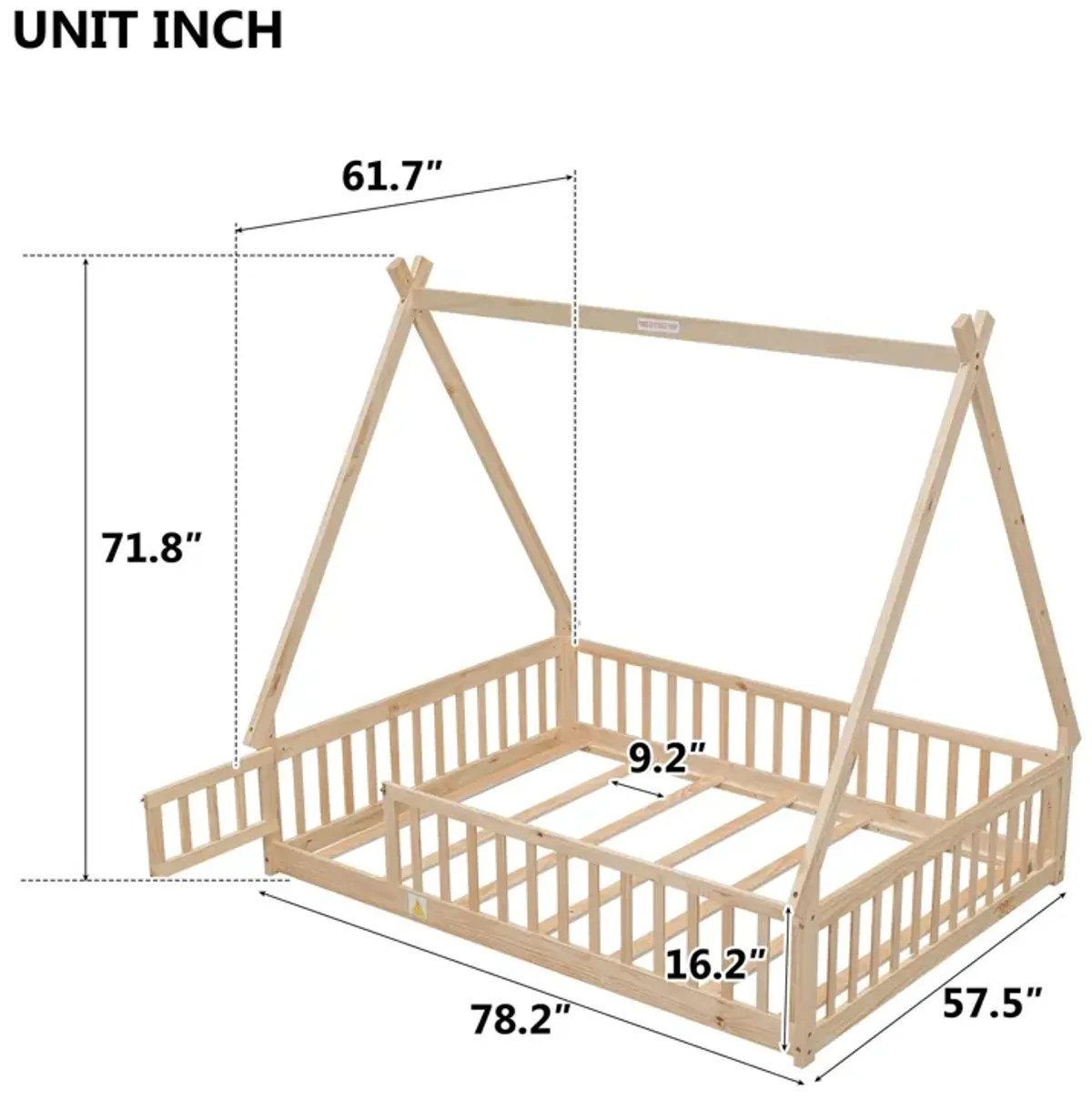 Tent-Shaped Floor Bed, With Guardrails, Slats, Door