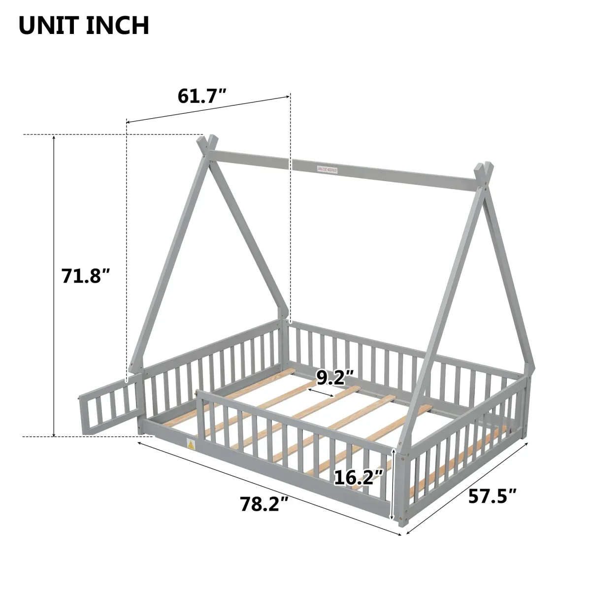 Tent-Shaped Floor Bed, With Guardrails, Slats, Door