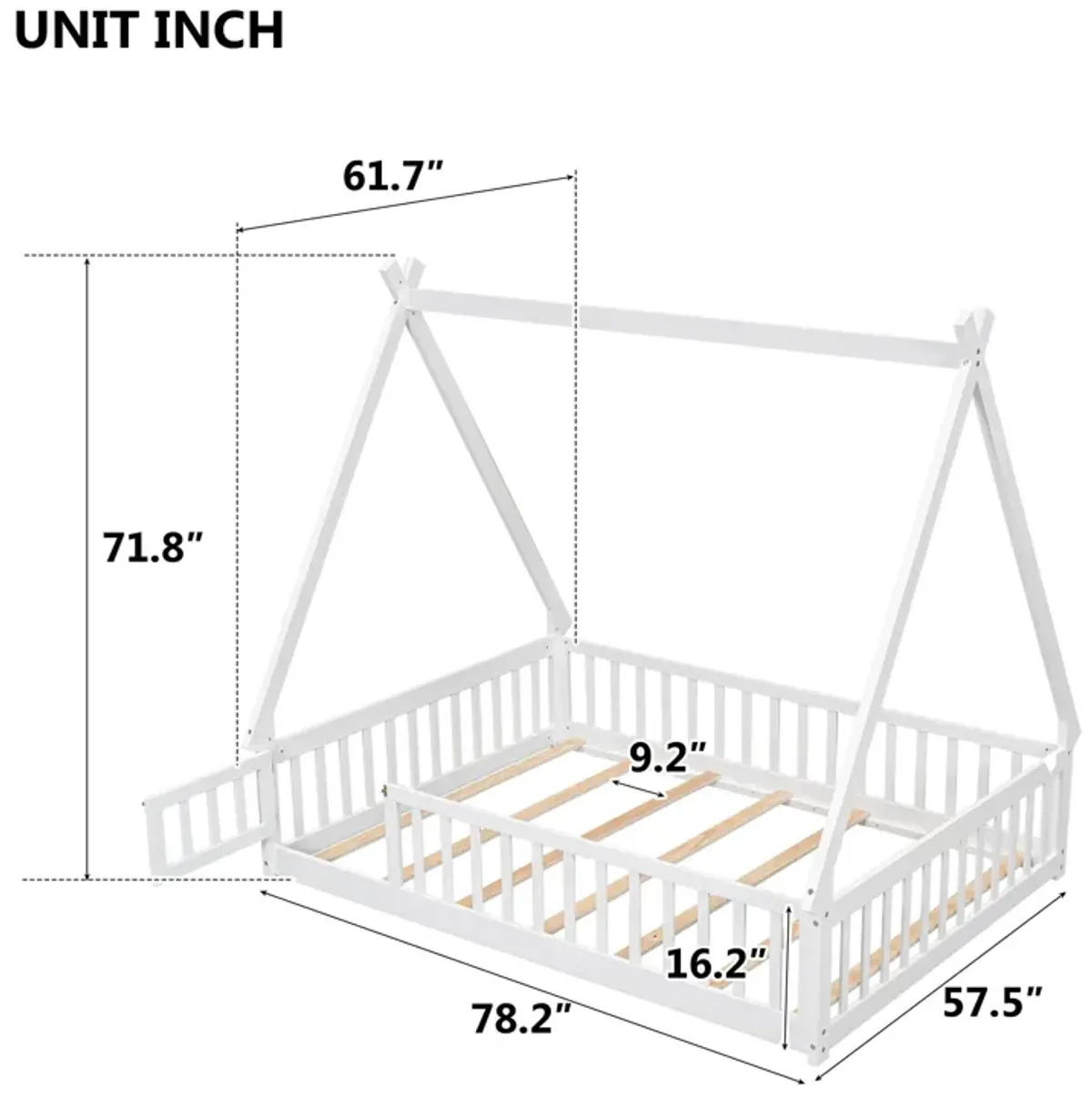 Tent-Shaped Floor Bed, With Guardrails, Slats, Door