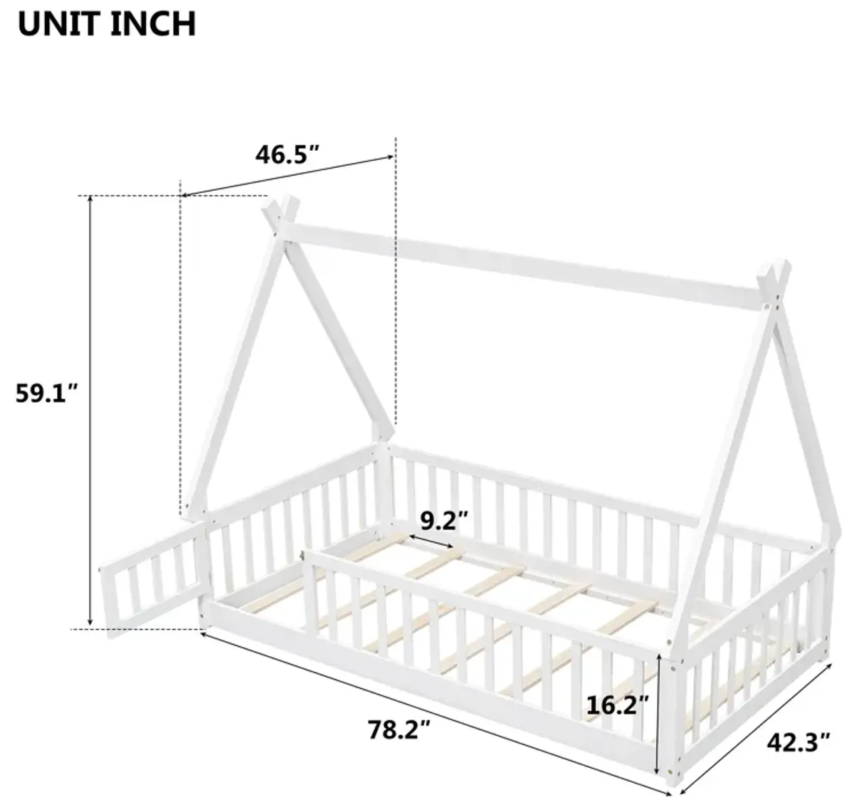 Tent-Shaped Floor Bed, With Guardrails, Slats, Door